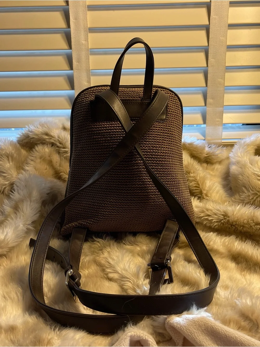 The Sak Brown Woven Backpack with Dark Trim